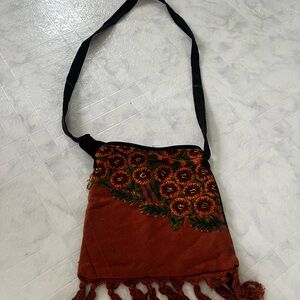 Brown and Black Crossbody Bag with Embroidered Design